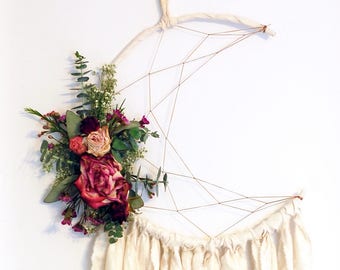 White Moon Dream Catcher with Dried Flowers