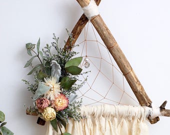 White Triangle Dream Catcher with Dried Flowers