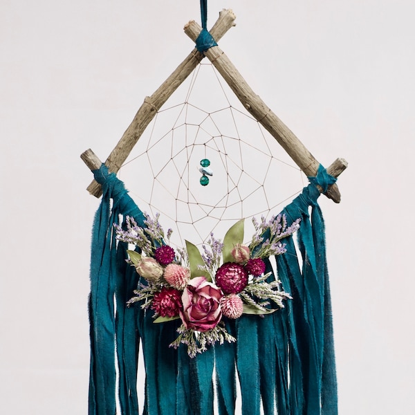 Boho Dreamcatcher | Floral Dream Catcher | Driftwood Dream Catcher | Deep Teal Dreamcatcher