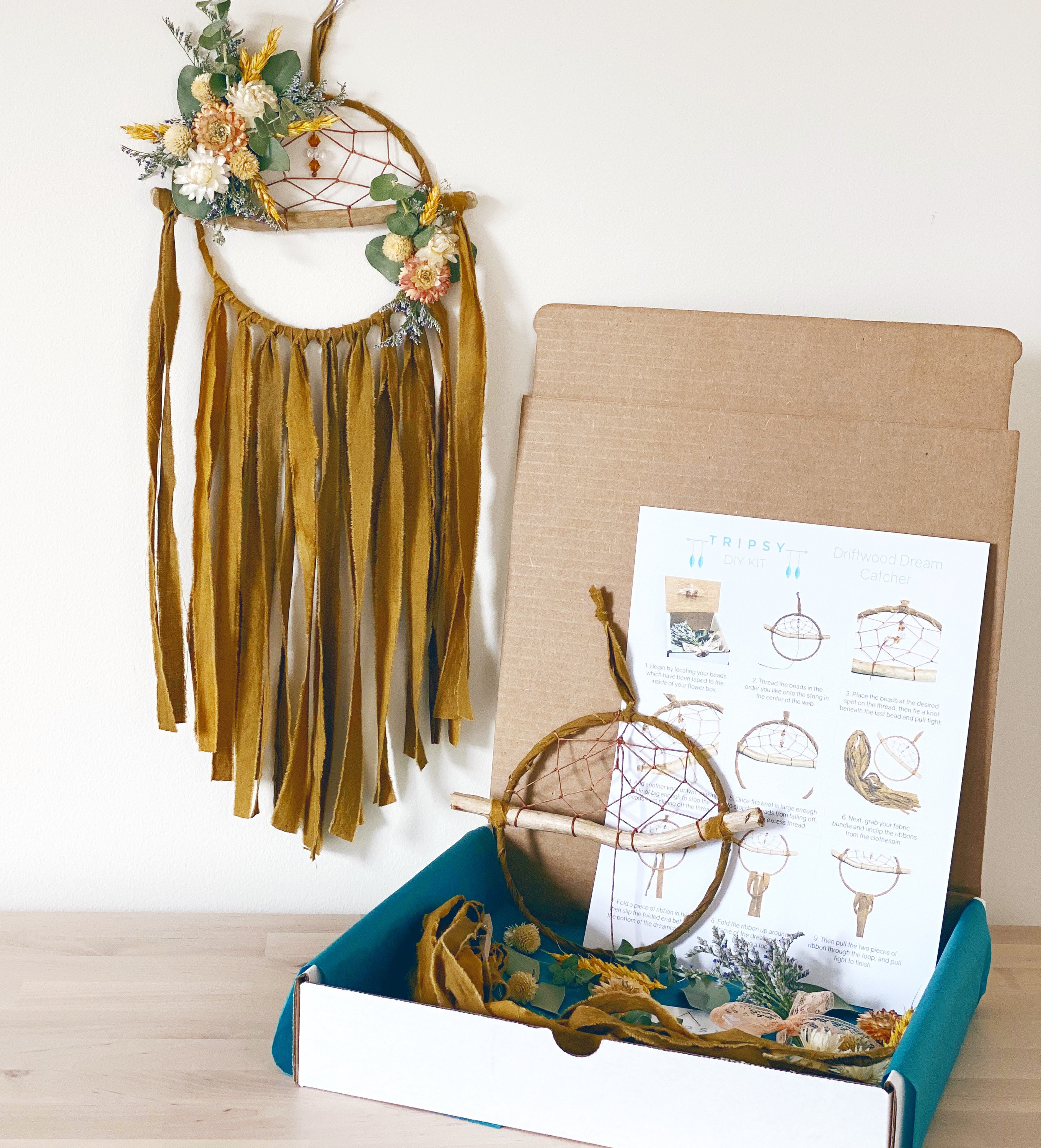 DIY Floral Dream Catcher Kit Make your own dreamcatcher Mustard Yellow