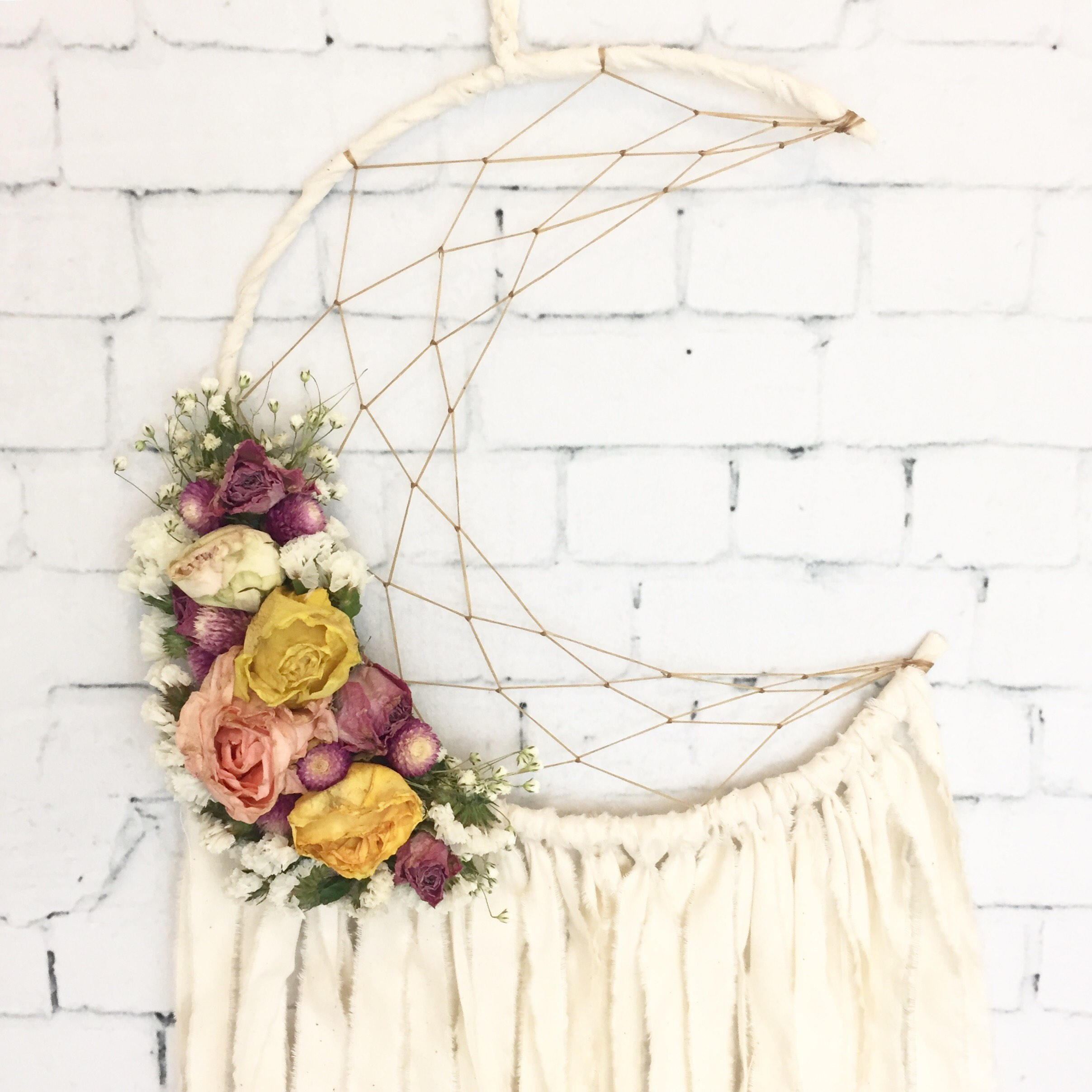 White Moon Dream Catcher with Dried Flowers