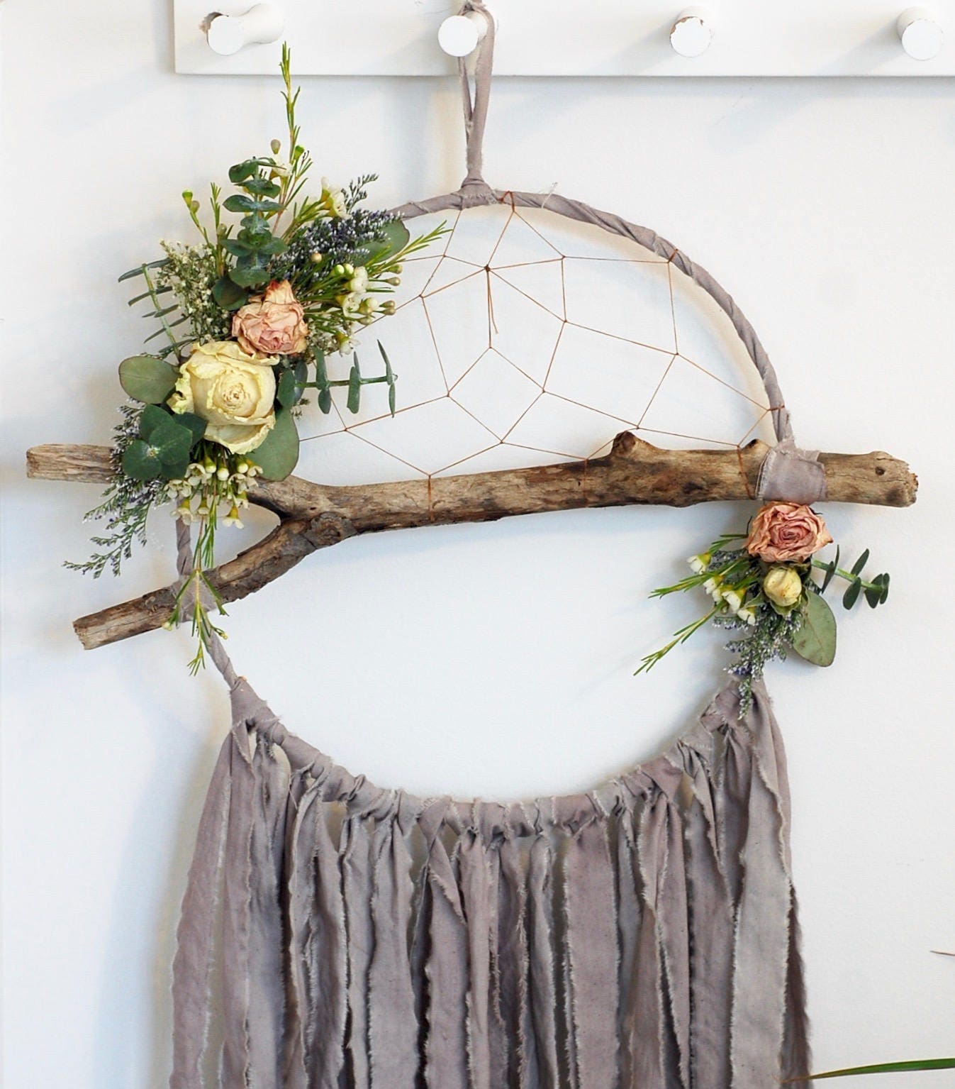 Grey Branch Dreamcatcher with Dried Flowers