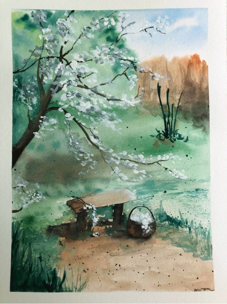 Download Landscape Watercolor With Bench Landscape 9x12 On Paper Original Nature Watercolor Watercolor Art Collectibles Keyforrest Lt