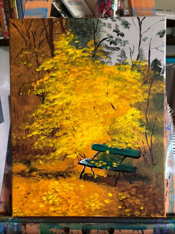 Original Scenic Painting With Fall Leaves And A Teal Bench Etsy