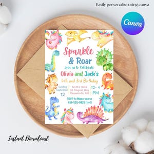 Unicorn and Dinosaur Birthday Invitation, Joint sibling birthday party, Editable Template, instant download, canva, double birthday