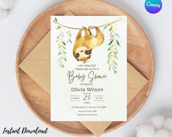 Sloth Baby Shower Invitation, Let's Hang Out, Forest, Sloths, Unique fun invitation, editable, DIY, canva, instant download, greenery