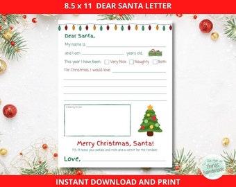 Dear Santa Letter PRINTABLE | Dear Santa Claus Letter | Digital Download | Kids Letter to Santa | Christmas Wish List | Santa Letter