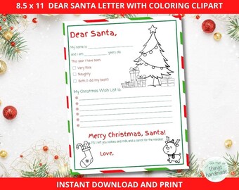 Dear Santa Letter PRINTABLE | Dear Santa Claus Letter | Digital Download | Kids Letter to Santa | Christmas Wish List | Coloring Pages