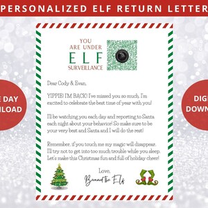 Pode incluir: Uma carta imprimível de um duende, com uma borda listrada vermelha e verde, que diz "You are under ELF surveillance". A carta é endereçada a Cody e Evan e diz "YIPPIE I'M BACK! I've missed you so much. I'm excited to celebrate the best time of year with you!" A carta também inclui uma árvore de Natal e sapatos de duende.