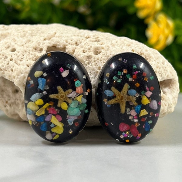 Vintage Oval Black Starfish Confetti Resin Clip On Earrings   R127