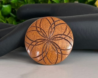 Vintage Carved Wooden Button Pin Brooch