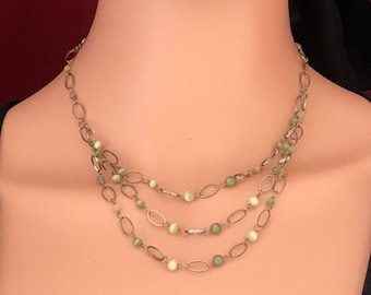 Vintage Green Chartreuse Cat Eye Beaded Layered Chain Necklace