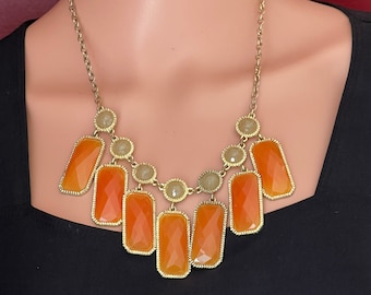 Vintage Gold Orange Green Tassel Bib Necklace