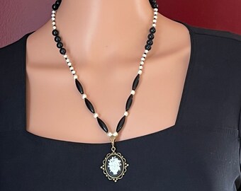 Vintage Long Upcycled Brass Black White Flower Basket Cameo Beaded Necklace