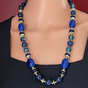 Vintage Long Blue Gold Chunky Lucite Bead Necklace