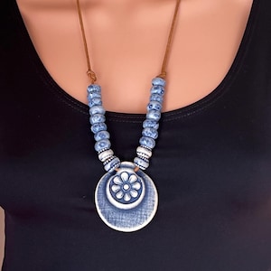 Boho Ceramic Leather Denim Look Flower Pendant Necklace