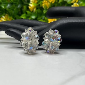 Mid Century Aurora Borealis Crystal Clip On Earrings