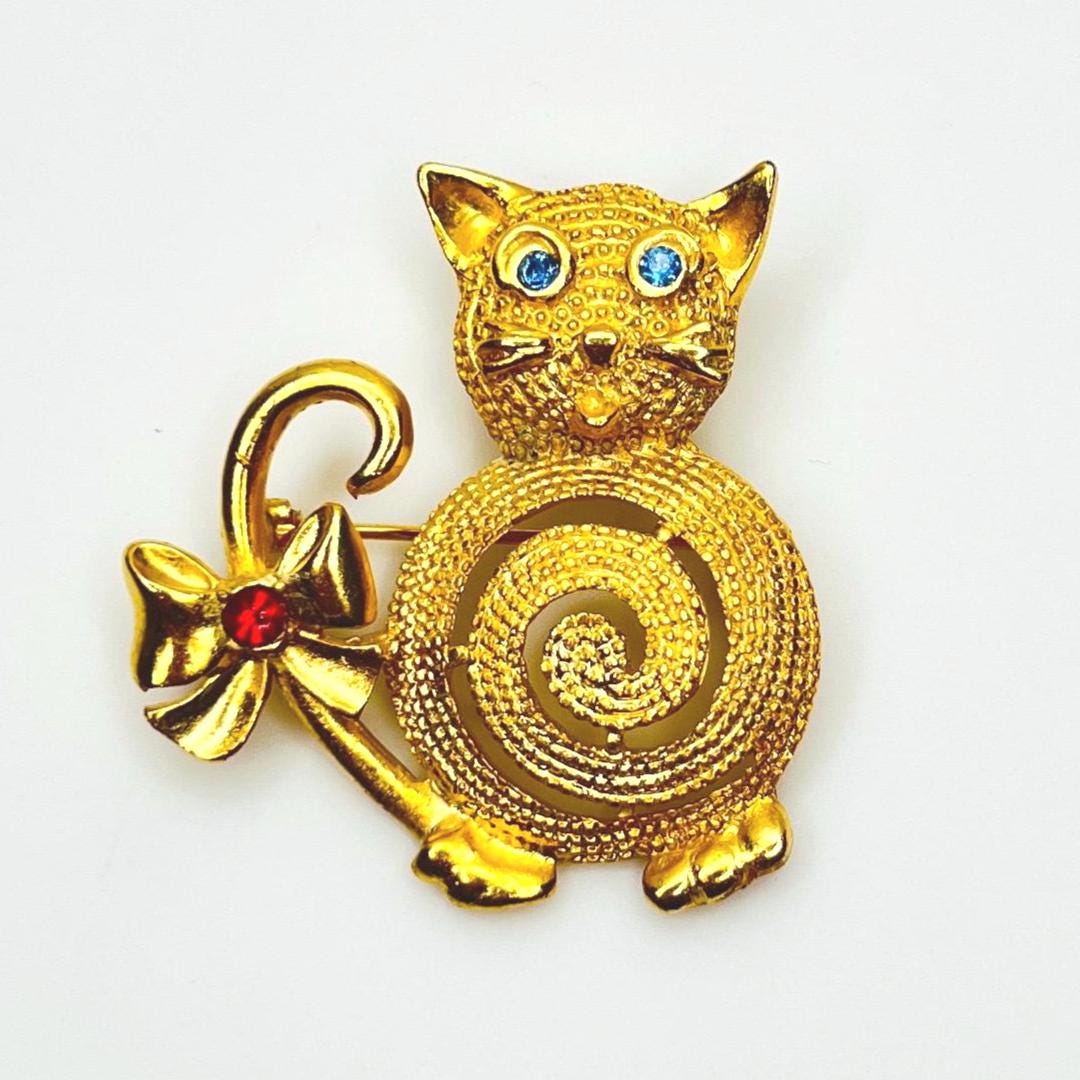 1980s Gold Tone Rhinestone Cat Brooch – Blue Eyed Kitty With Bow ...