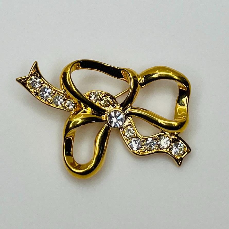 Broche Vintage Ruban Noué Strass Et Pampilles - Bijou Ancien Doré En Alliage