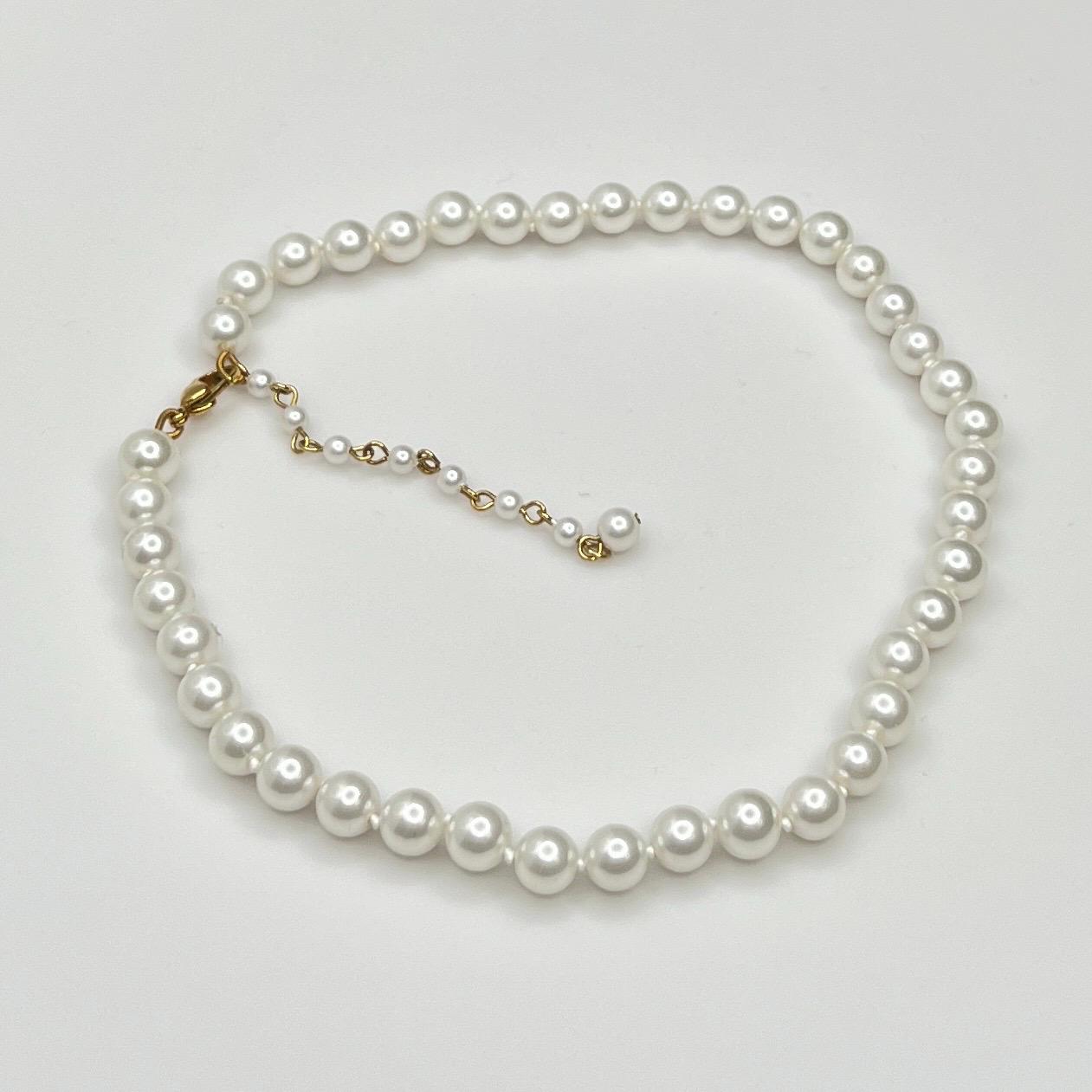 Collier Vintage Perles En Verre Blanc Nouées - Métal Argenté - Occasion