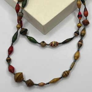 Retro Paper Bead Necklace – Multicolor Rolled Paper Beads with Glass Seed Spacers – 32" Barrel Clasp Boho Eco Statement Jewelry