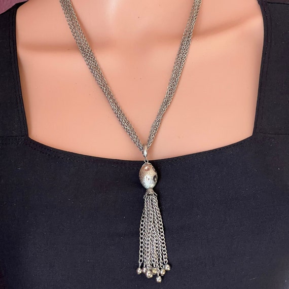 Vintage Silver Beaded Tassel Pendant Necklace - image 7