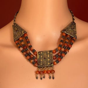 Vintage Carnelian Brass Necklace: Ethnic Yemeni Boho Tribal Jewelry
