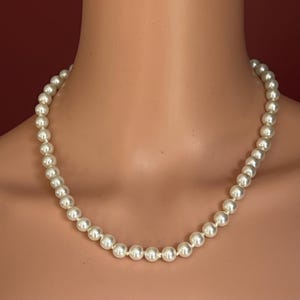 Vintage Hand-Knotted Faux Pearl Necklace, 17.5 Inch Glass Pearl Strand with Extender, Classic 8mm Bridal or Cocktail Jewelry, Lobster Clasp