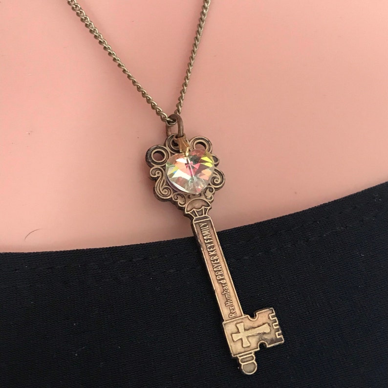 Vintage Brass Skeleton Key Aurora Borealis Heart Charm Pendant Etsy