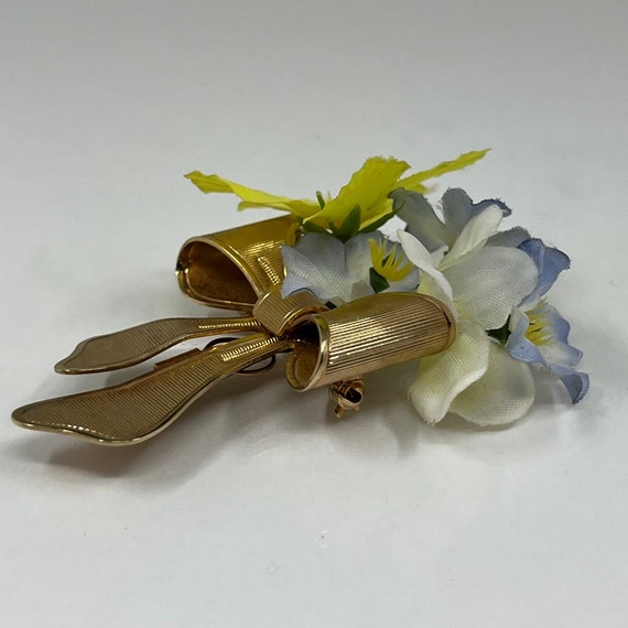 Vintage Avon Gold Bow Silk Flower Brooch Pin R127 - image 5