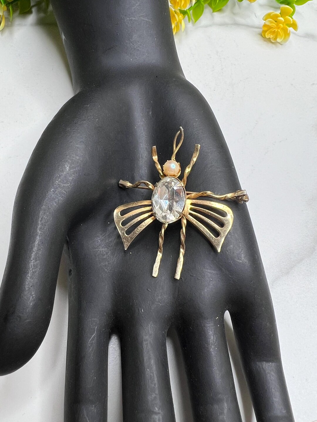 Vintage Gold Rhinestone Pearl Flying Insect Bug Pin Brooch - Etsy