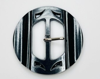Large Black Plastic Belt Buckle – Vintage 1950s Molded Round Accessory