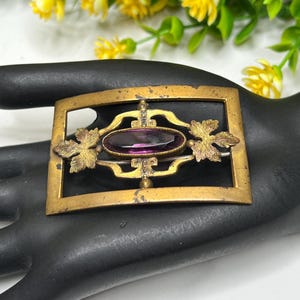 GLP Antique Brass Faceted Oval Amethyst Glass Sash Pin Brooch