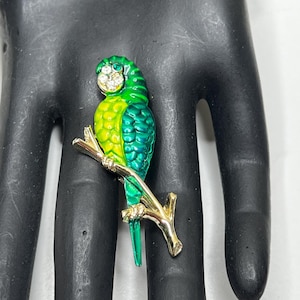 Vintage Green Enamel Rhinestone Parrot Pin Brooch