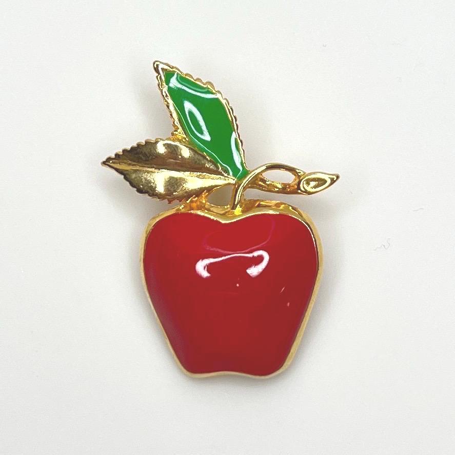 Signed Omjent Candy Apple Brooch – 1980s Red Enamel & Gold Leaf