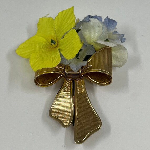 Vintage Avon Gold Bow Silk Flower Brooch Pin R127 - image 3