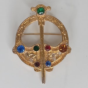 Vintage Celtic Scottish Large Gold Rhinestone Sword Shield Pin Brooch