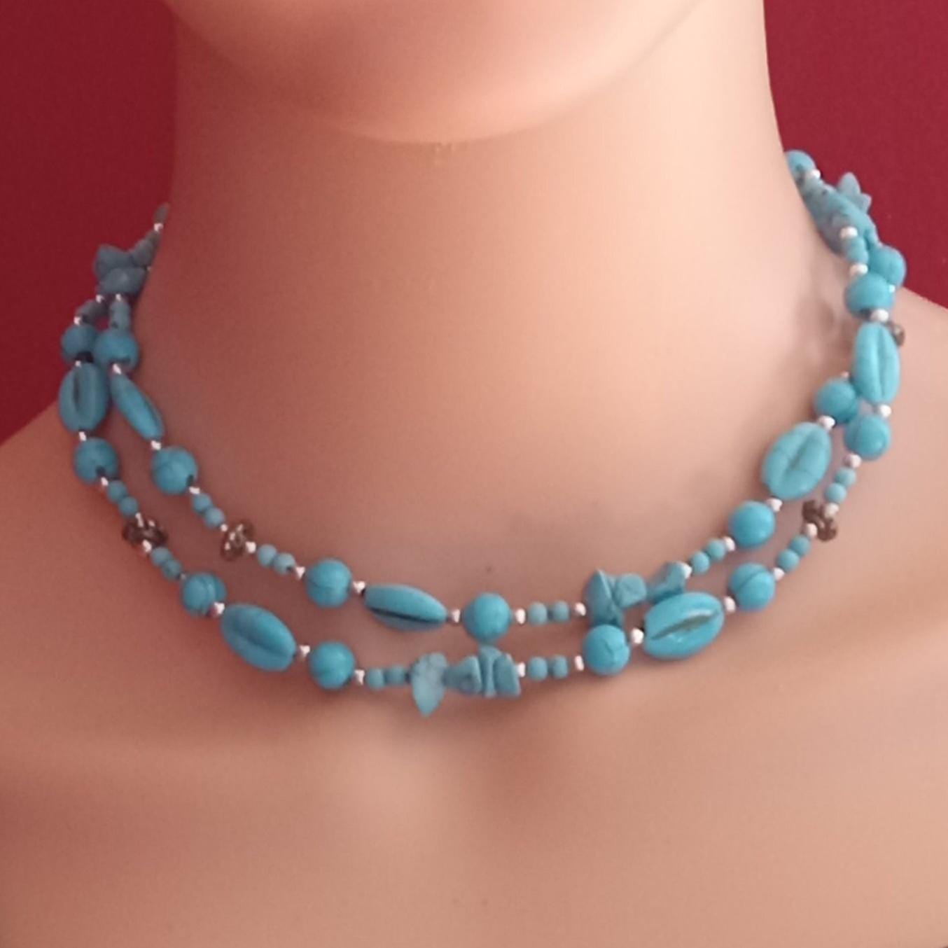 Collier Vintage Années 70 - Perles Style Corail, Pépites De Turquoises - Mi-long