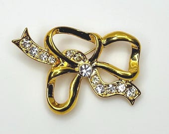 Vintage Gold Rhinestone Bow Brooch – 1990s Ribbon Pin with Sparkling Clear Crystals