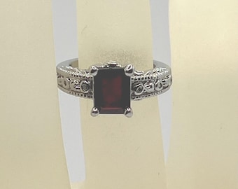 Vintage Ruby Red Rhinestone Ring – Size 6.5 Ornate Silver Tone Statement Jewelry