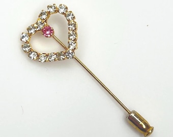 Rhinestone Heart Stick Pin with Pink Accent – 1970s Gold Tone Sparkle Brooch