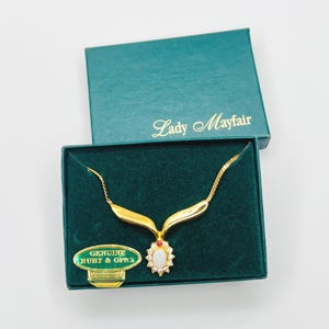 Vintage Lady Mayfair Ruby & Opal Necklace – 1980s Genuine Gemstone Pendant with Original Box