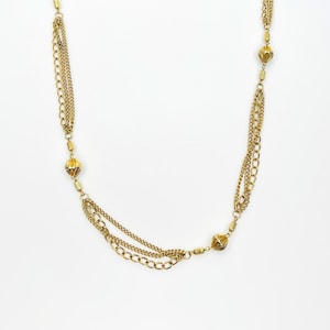 Gold Multi Strand Station Necklace – 1970s Layered Chains with Textured Bead Accents, 56” Long
