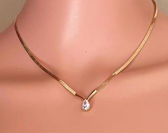 1980s Solitaire Teardrop Rhinestone V Chain Necklace