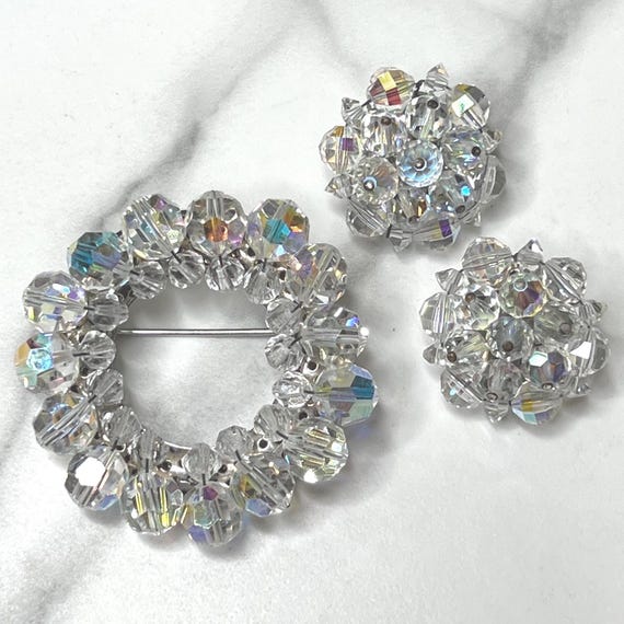 Boucles D'oreilles Anciennes Clips - Cristal Boréalis Multicolore, Vintage, Occasion - Bijou Rétro Et Scintillant Pour Un Look Festif