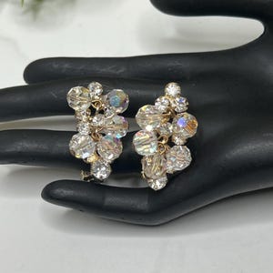 Mid Century Aurora Borealis Crystal Dangle Clip On Earrings