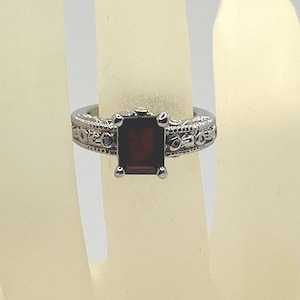 Vintage Ruby Red Rhinestone Ring, Silver Tone Band, Rectangular Rhinestone, Ornate Engraved Band, Jewelry Gift for Her