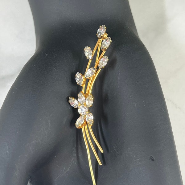 VINTAGE Gold Clear Crystal Rhinestone Pussy Willow Flower Brooch Pin   R127