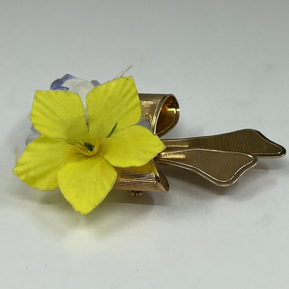 Vintage Avon Gold Bow Silk Flower Brooch Pin R127 - image 4