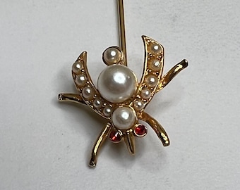 Vintage Flying Insect Bug Ruby Red Rhinestone Pearl Stick Pin